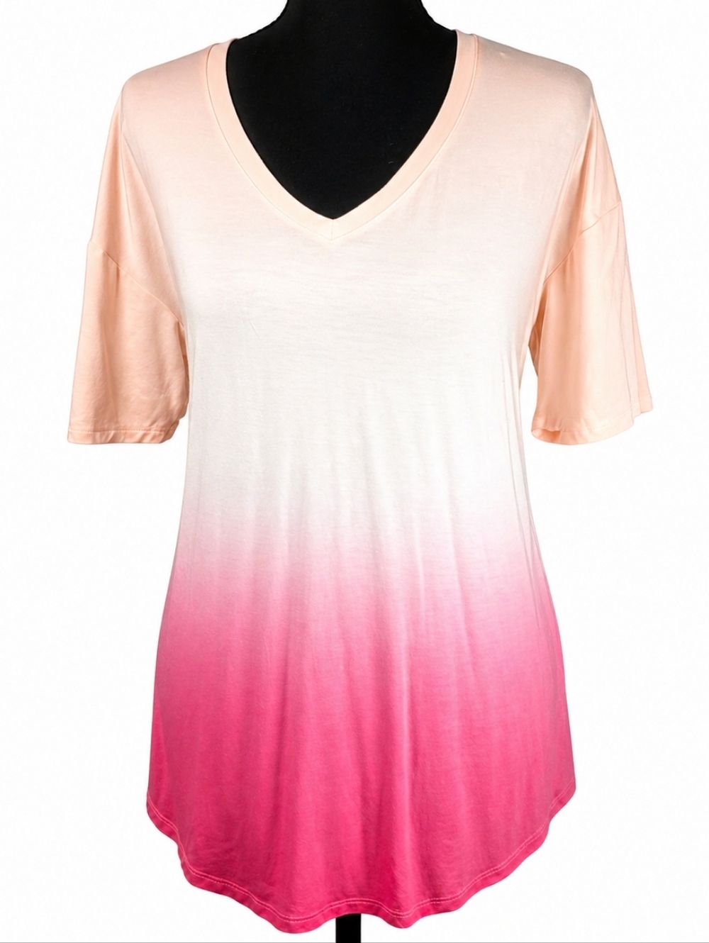 Ombré Peach Pink Tunic Top V Neck Short Sleeve Hi Low Soft Tee Size S